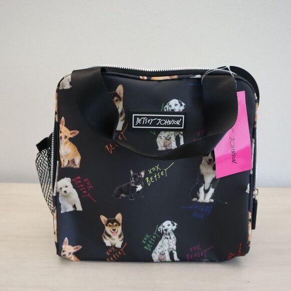 Betsey Johnson TBJ-1286 Black Allover Dogs Insulated Lunch Tote W/Mesh Pouc - Picture 5 of 8